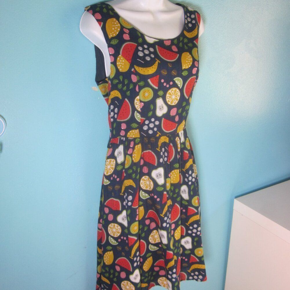 Tulip B Sleeveless Dress Size ML Cotton Blend Summer Fruit Print Blue Zip Shift